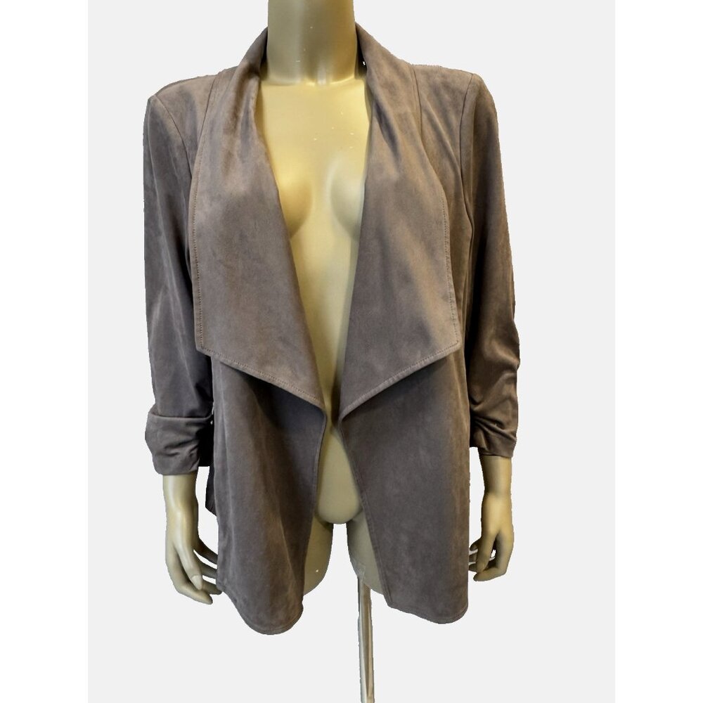 ALFANI Faux Suede Jacket Size XL, Taupe, Open Draped Front, 3/4 Ruched Sleeves